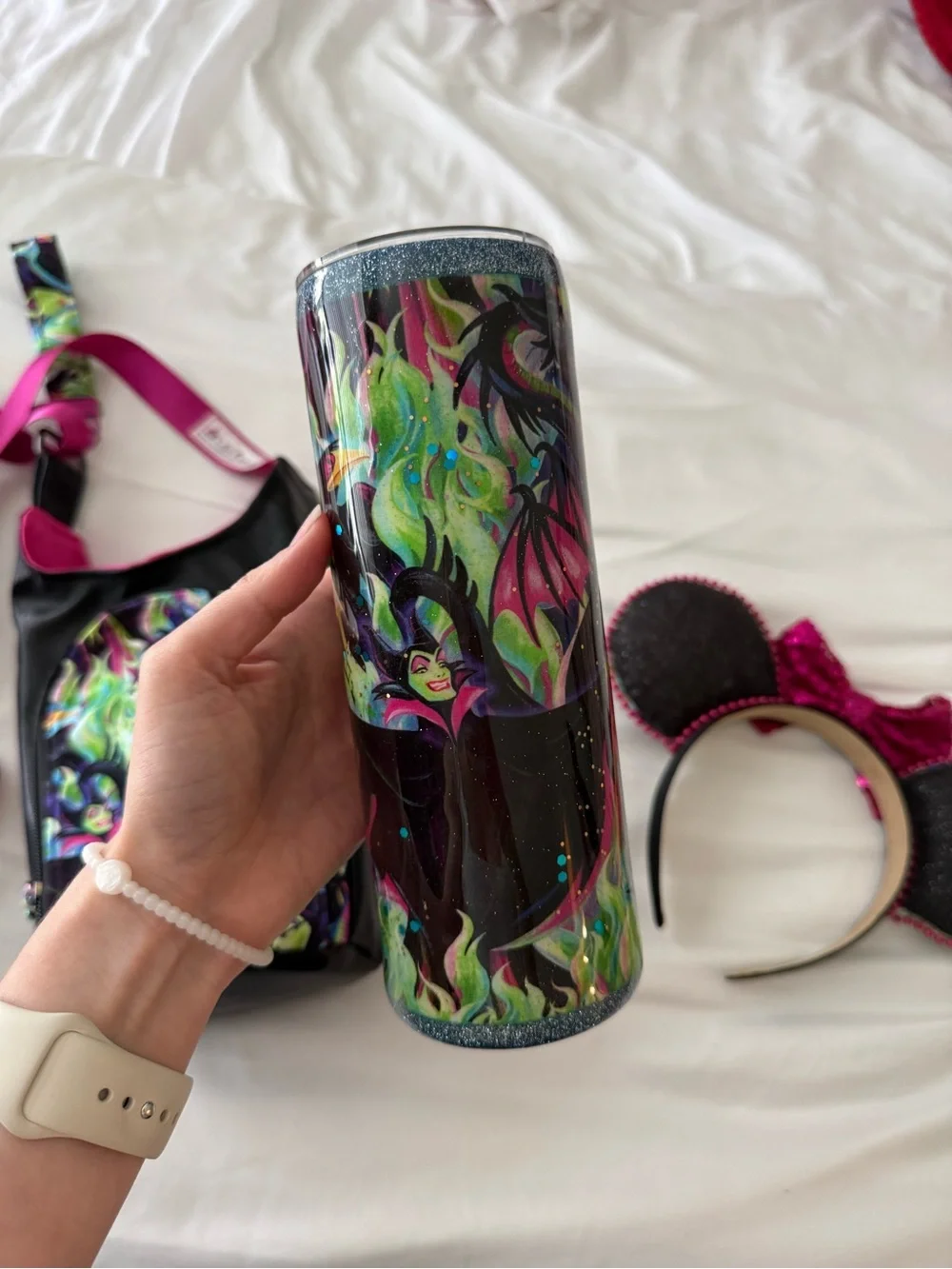 Disney Maleficent Neon Dragon Crossbody Water Bottle Bag and Ear Headband Set